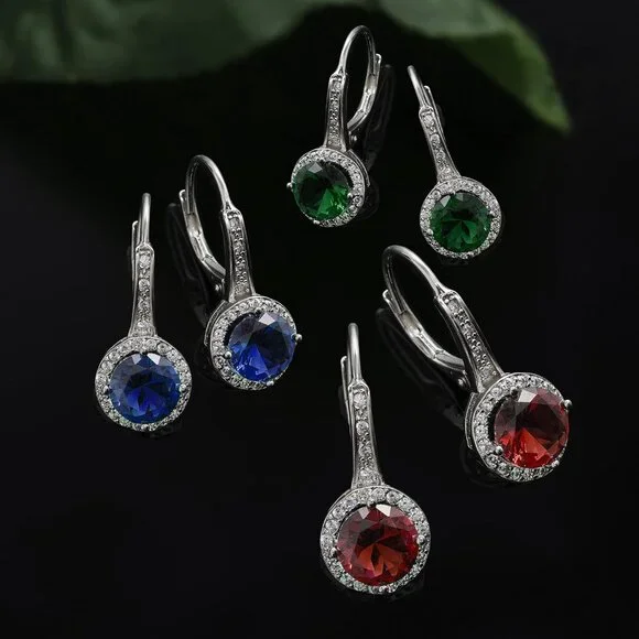 925 Sterling Silver Cubic Zirconia Halo Leverback Dangle Bridal Earrings for Wom - Picture 3 of 4